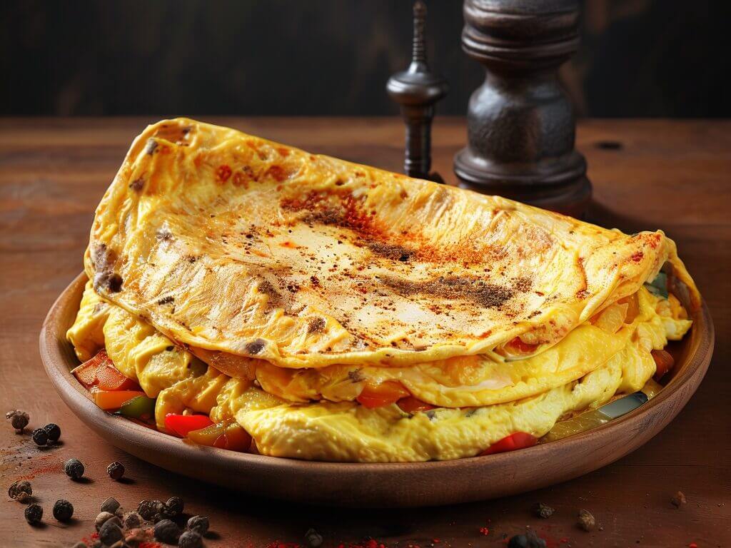 Einfaches Omelette Rezept – Perfekt für jeden Tag 2 Fluffige Omelette Rezept mit buntem Gemüse und frischem Pfeffer auf rustikalem Holzteller