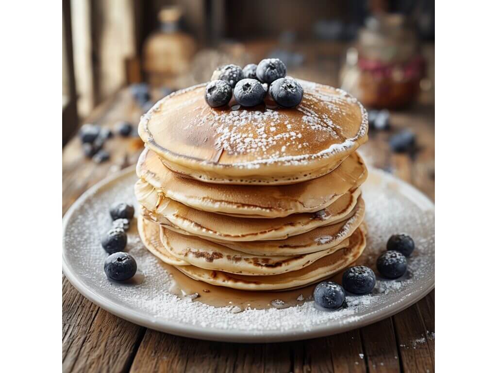 Fluffige Pancakes Rezept: Gestapelte Pfannkuchen mit frischen Blaubeeren und Puderzucker auf rustikalem Holztisch