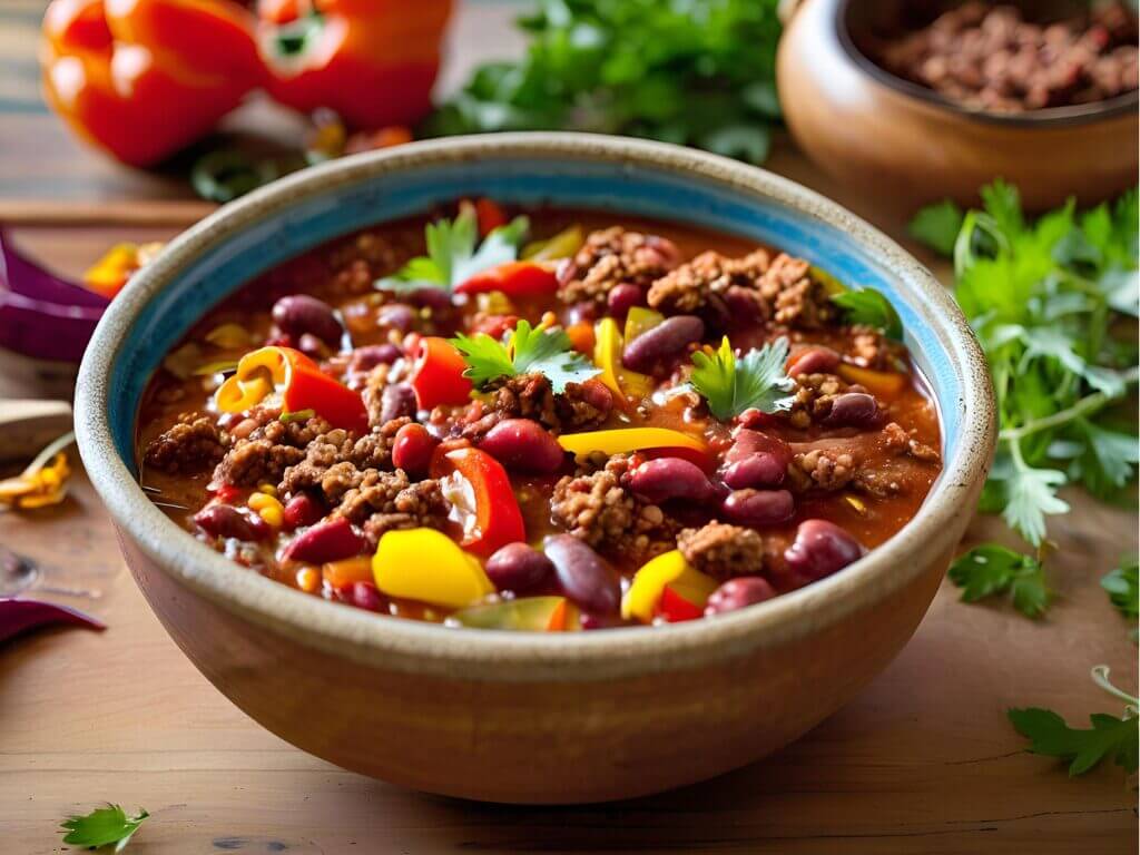 Recette chili con carne traditionnelle servie dans un bol artisanal – mélange savoureux de viande, haricots et légumes colorés.