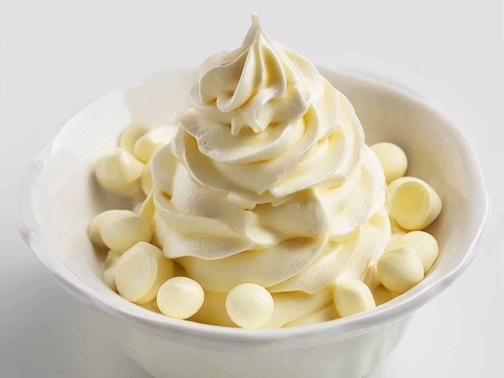 Recette ganache montée vanille : simple et délicieuse 5 Ganache montée vanille onctueuse dans un bol blanc, accompagnée de pastilles de chocolat blanc.