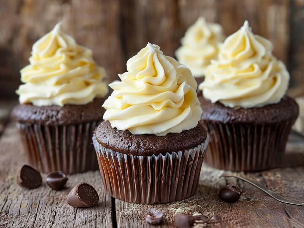 Cupcakes au chocolat garnis d'une ganache vanille onctueuse sans chocolat blanc, parfaits pour une recette gourmande maison.