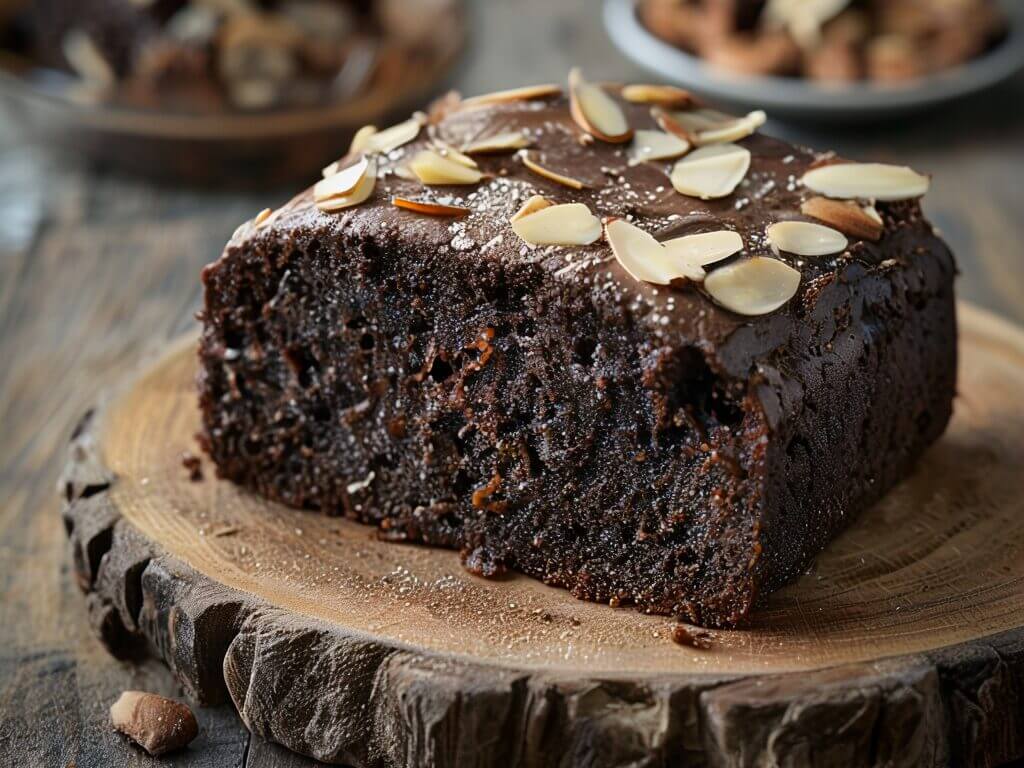 Recette de gâteau protéiné sans whey : un dessert chocolaté gourmand avec glaçage et amandes effilées.