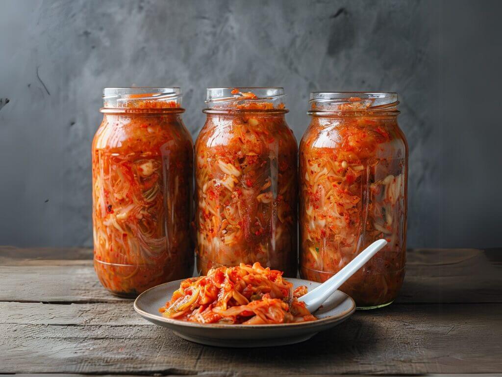 Recette kimchi fermenté dans des bocaux de conservation, accompagné d'une portion prête à déguster sur table en bois.