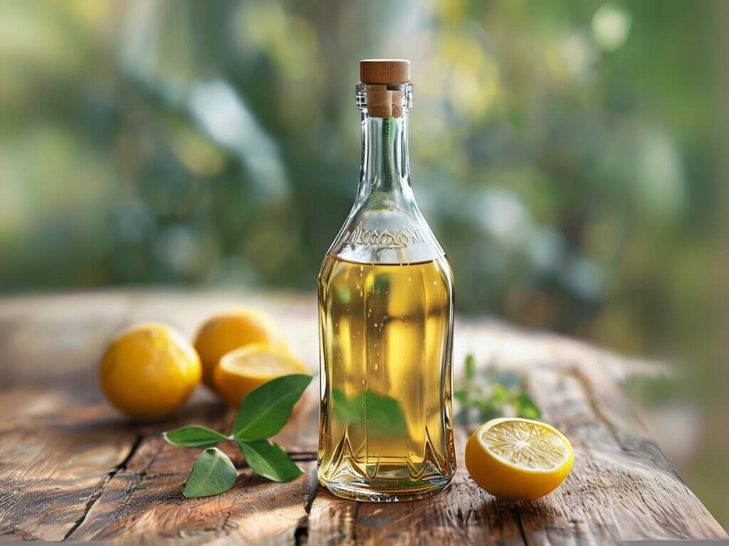Limoncello Traditionnel 10 Recette limoncello maison : liqueur dorée en bouteille vintage accompagnée de citrons jaunes et feuilles vertes