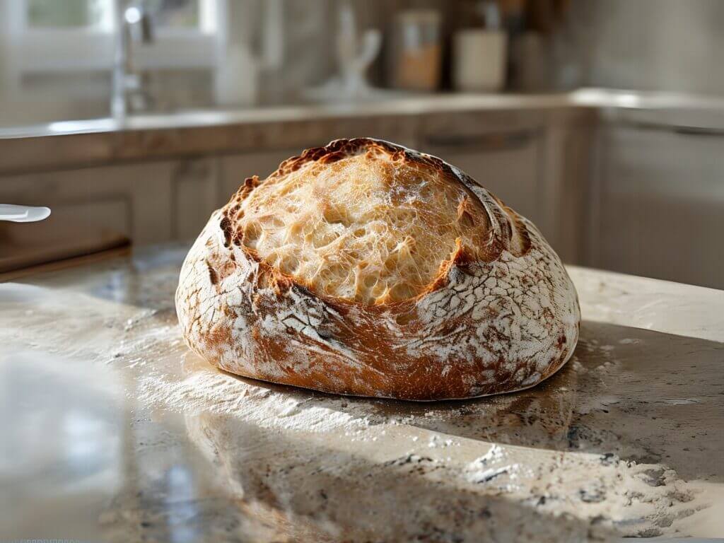 Pain au levain artisanal à la croûte craquelée et dorée, reposant sur un plan de travail fariné dans une cuisine lumineuse.