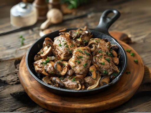 Fegato di pollo saltato con funghi in padella di ghisa – ricetta tradizionale italiana ricca di sapore