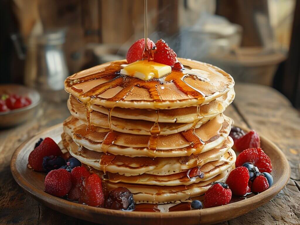 Ricetta Pancake Bimby: Soffici e Deliziosi in Pochi Minuti 1 Ricetta pancake Bimby: torre di pancake dorati con frutta fresca e sciroppo d'acero caldo