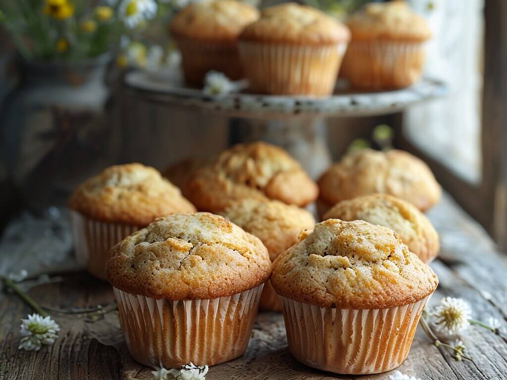 Frisch gebackene Vanille-Muffins auf rustikalem Holztisch, dekoriert mit weißen Blumen.