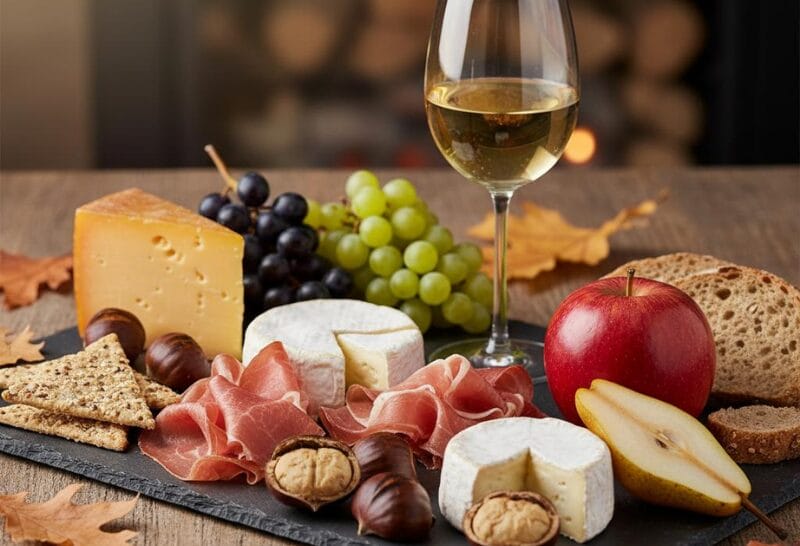 Brisolée valaisanne revisitée avec châtaignes, fromages, charcuteries et fruits frais sur une table rustique.
