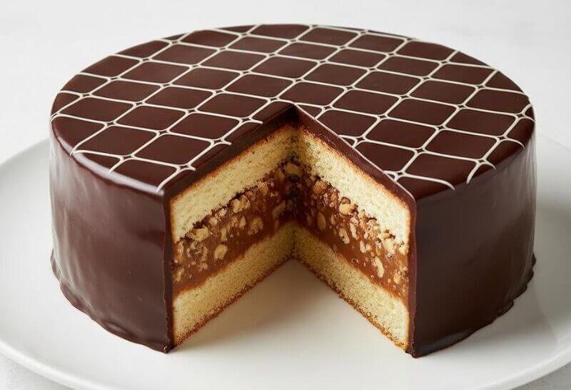 Gâteau Bullois coupé, révélant des couches de pâte sablée, caramel aux noix et glaçage chocolat.