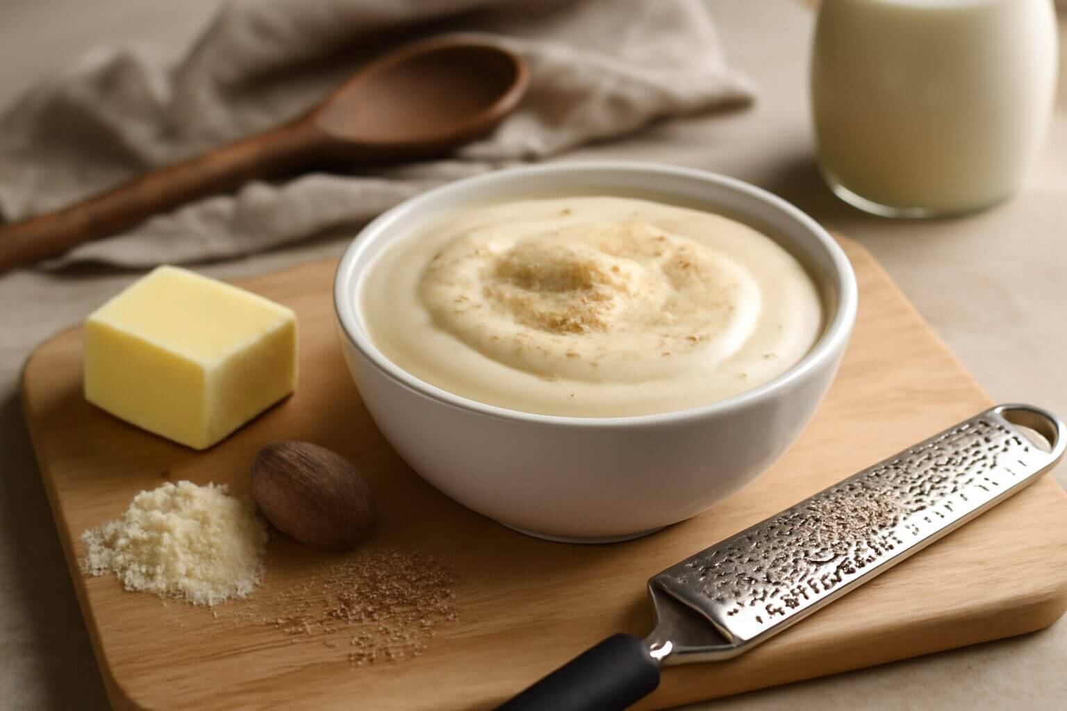 Sauce béchamel onctueuse et lisse à la noix de muscade, base de nombreuses préparations culinaires