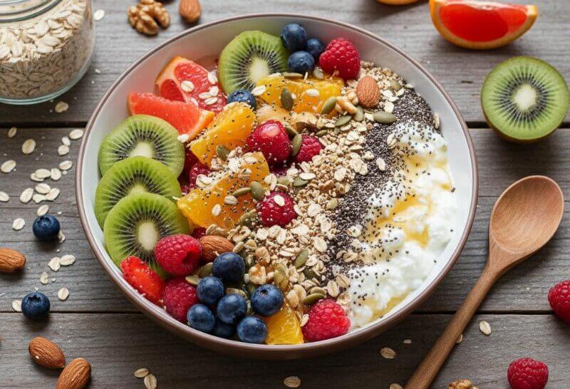 Crème Budwig revitalisante, onctueuse, garnie de fruits rouges et amandes, prête pour un petit-déjeuner sain.