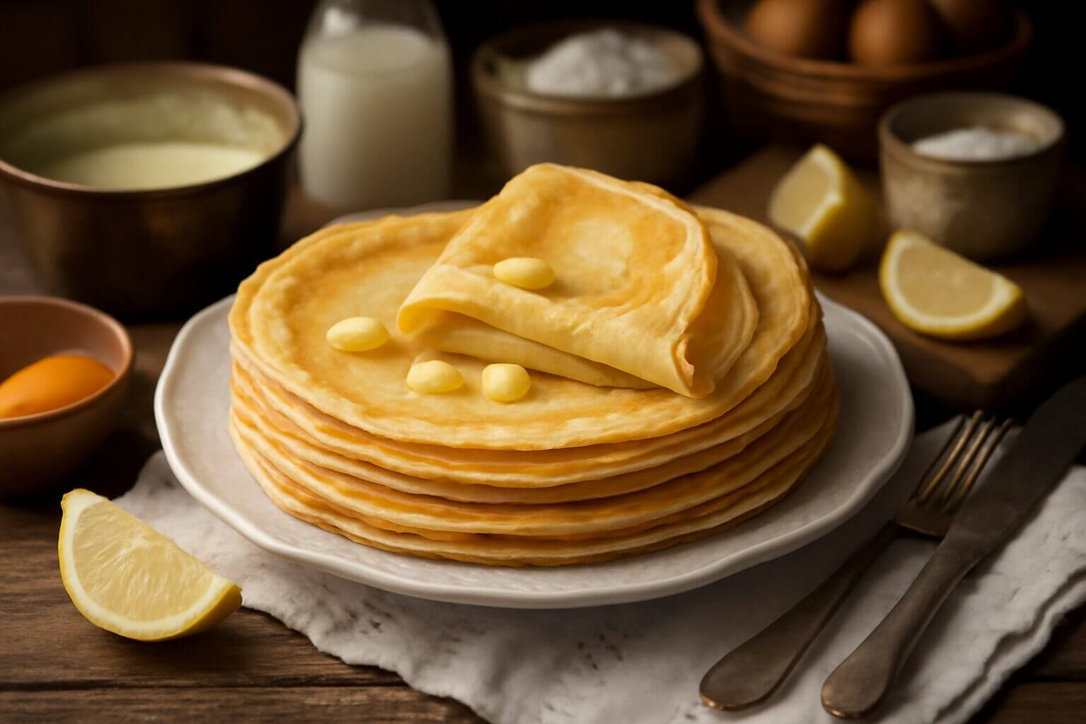 Photo appétissante de crêpes dorées et moelleuses, recette traditionnelle française parfaite pour la Chandeleur