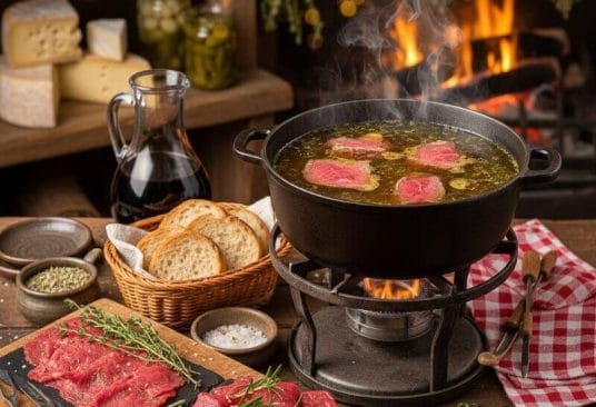Fondue Glareyarde traditionnelle, avec caquelon fumant, viande marinée et accompagnements.
