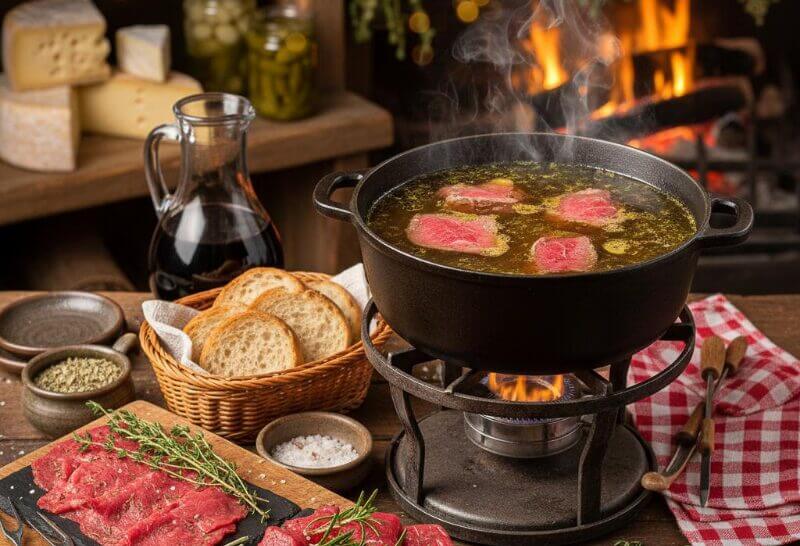 Fondue Glareyarde traditionnelle, avec caquelon fumant, viande marinée et accompagnements.