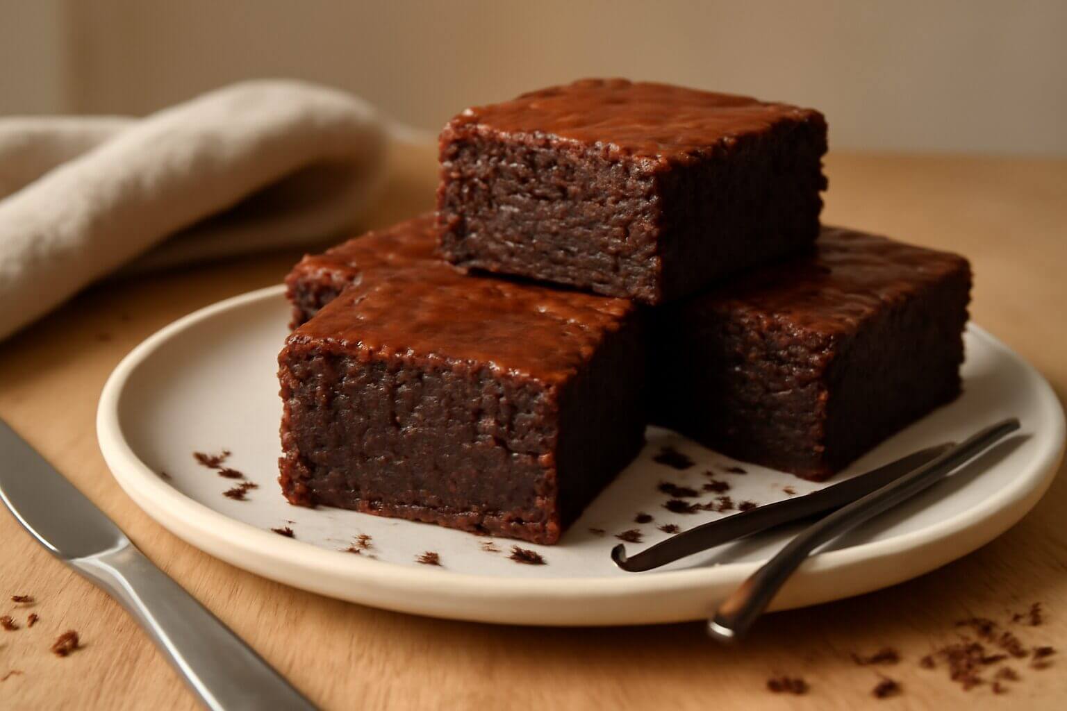 Carré de brownie fondant au chocolat noir avec noisettes concassées, texture moelleuse et croustillante
