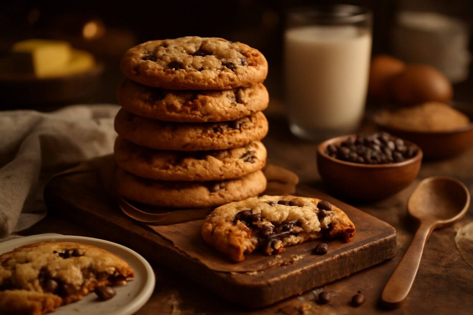 Pile de cookies aux pépites de chocolat dorés, texture croustillante et moelleux, fait maison sur planche bois