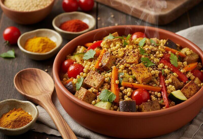 Sorgho Façon Tajine aux Légumes et Tofu Fumé 4 Sorgho Façon Tajine aux Légumes et Tofu Fumé, plat coloré et parfumé.