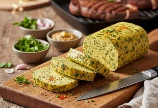 Beurre Maître d'Hôtel 'Café de Paris' Revisité présenté joliment sur une assiette avec des épices autour, prêt à être servi avec du bœuf grillé.