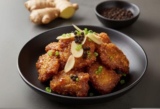 Bœuf croustillant au gingembre et poivre de Kampot - Un plat asiatique raffiné où le bœuf tendre est saisi à haute température pour une croustillance parfaite, relevé par la fraîcheur du gingembre et la chaleur subtile du poivre de Kampot.