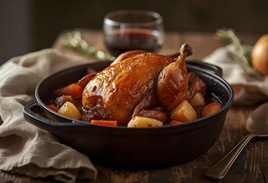 Canette en Cocotte Façon Grand-Mère aux Épices Douces mijotant lentement avec légumes et pommes dans une cocotte traditionnelle