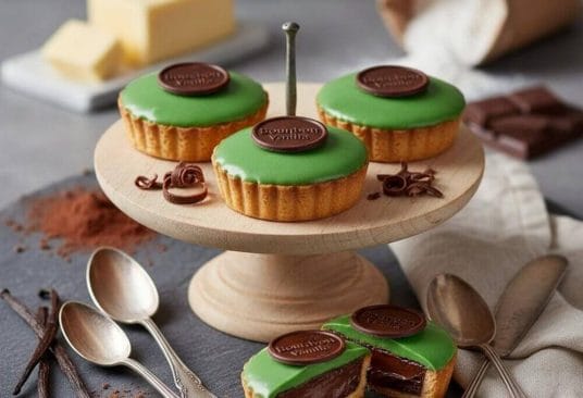 Tartelettes garnies de ganache chocolat noir à la vanille, surmontées de glaçage vert et pastilles chocolatées