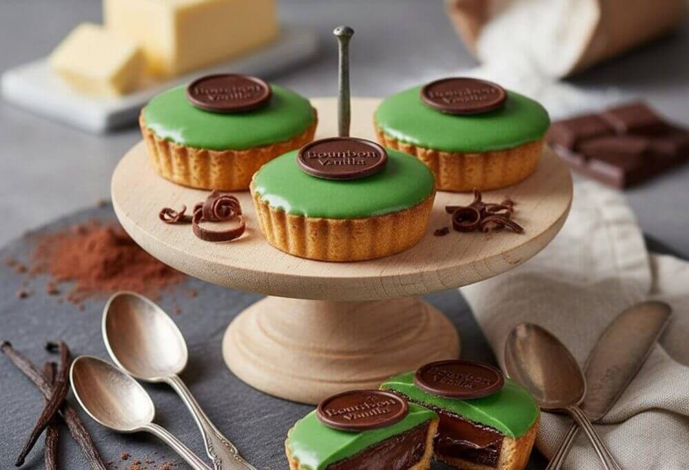Tartelettes garnies de ganache chocolat noir à la vanille, surmontées de glaçage vert et pastilles chocolatées