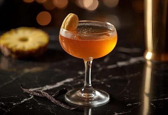 Cocktail Madeleine à la Vanille dans un verre à cocktail, mélange frais d'amaretto et ananas avec vanille.