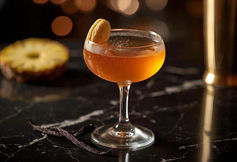 Cocktail Madeleine à la Vanille dans un verre à cocktail, mélange frais d'amaretto et ananas avec vanille.