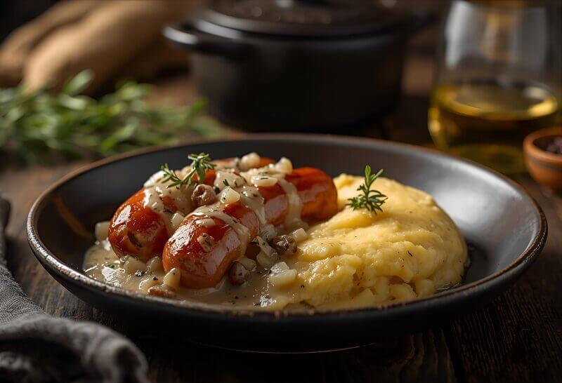 Diots de Savoie au Vin Blanc et Mélange 5 Baies 4 Diots de Savoie au Vin Blanc et Mélange 5 Baies mijotant dans une sauce onctueuse avec polenta crémeuse
