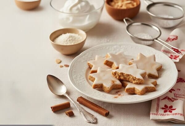 Étoiles à la cannelle à la suisse, biscuits traditionnels suisses décorés avec glaçage blanc
