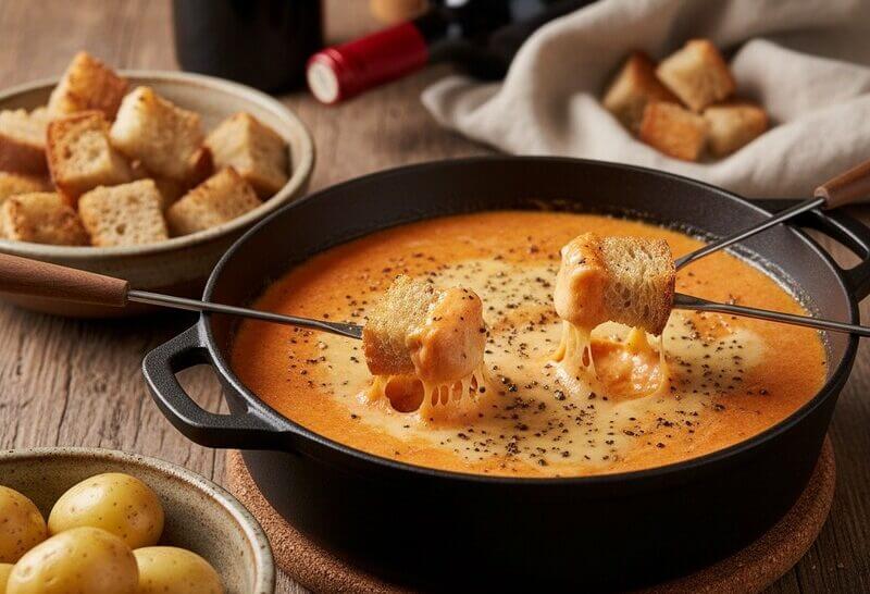 Fondue aux tomates 6 Fondue aux tomates crémeuse avec poivre de Kampot, servie avec pommes de terre