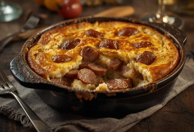 Gratin de Crozets aux Diots de Savoie 7 Plat savoyard avec diots et crozets au sarrasin gratinés au Beaufort, nappé de sauce crémeuse aux oignons