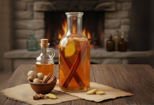 Préparation d'hydromel épicé avec miel, cannelle et gingembre dans une bouteille transparente