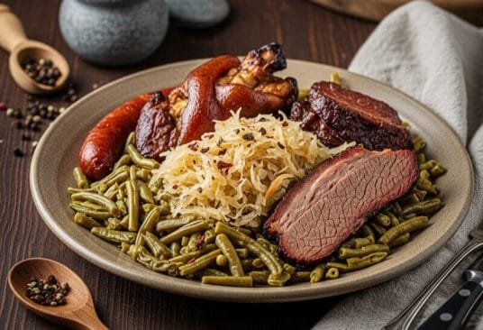 Plat rustique aux haricots secs, viande fumée, choucroute et poivre de Kampot, servi dans une cocotte.