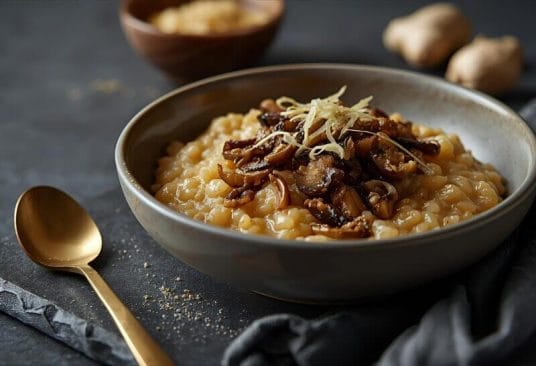 Risotto Crémeux aux Larmes de Job, Champignons et Gingembre - Plat principal réconfortant avec larmes de Job, champignons sauvages et gingembre frais