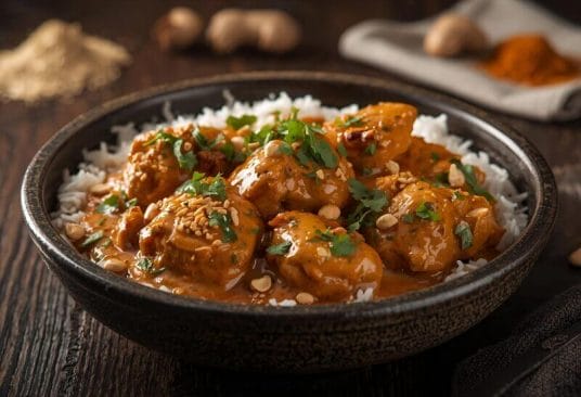 Poulet Crémeux au Beurre de Cacahuète et Épices dans une sauce onctueuse avec lait de coco et épices.