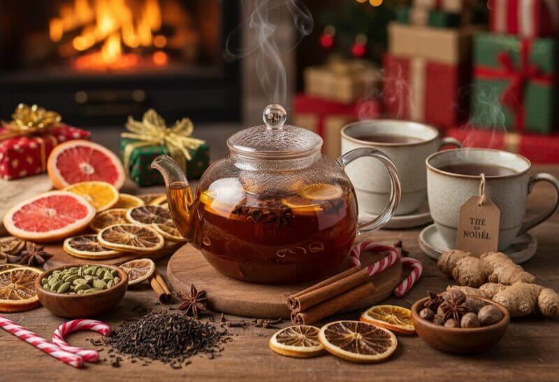 Mélange de zestes d'agrumes séchés, épices de Noël et thé noir pour infusion festive