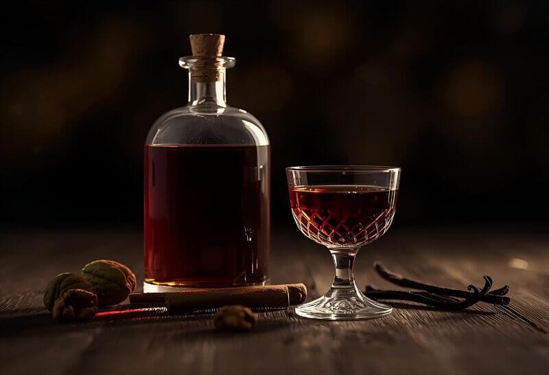 Vin de Noix de 40 jours réalisé par macération de noix vertes cueillies à la Saint-Jean, avec bâtons de cannelle et vanille Bourbon