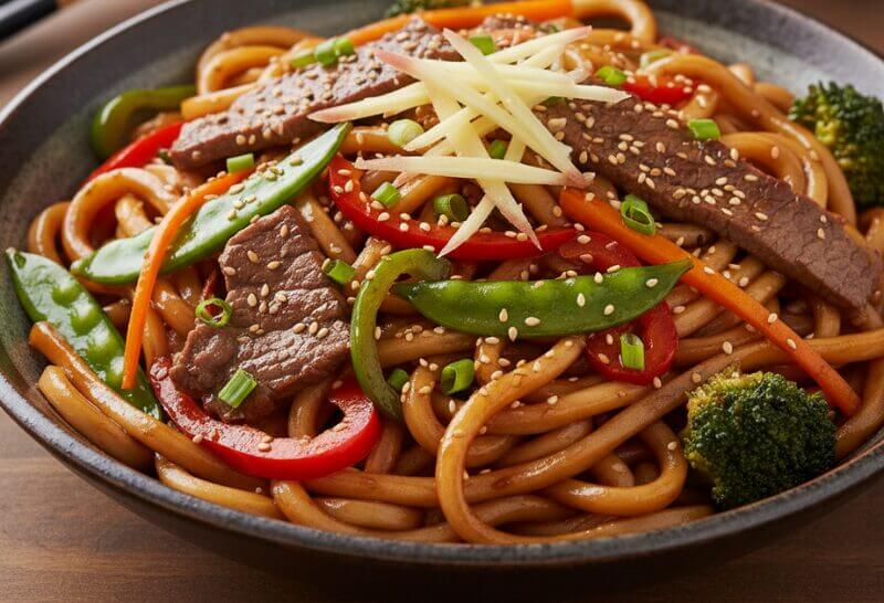 Yaki Udon au Bœuf et Gingembre : nouilles japonaises épaisses sautées avec bœuf tendre, légumes croquants et sauce soja-mirin au gingembre.