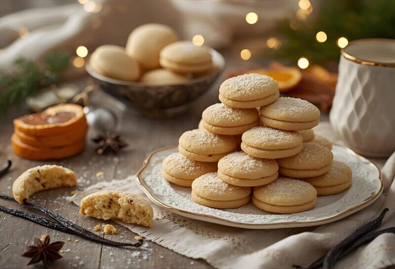 Assortiment de biscuits de Noël à la vanille de Tahiti, joliment décorés et prêts à être dégustés pour les fêtes.