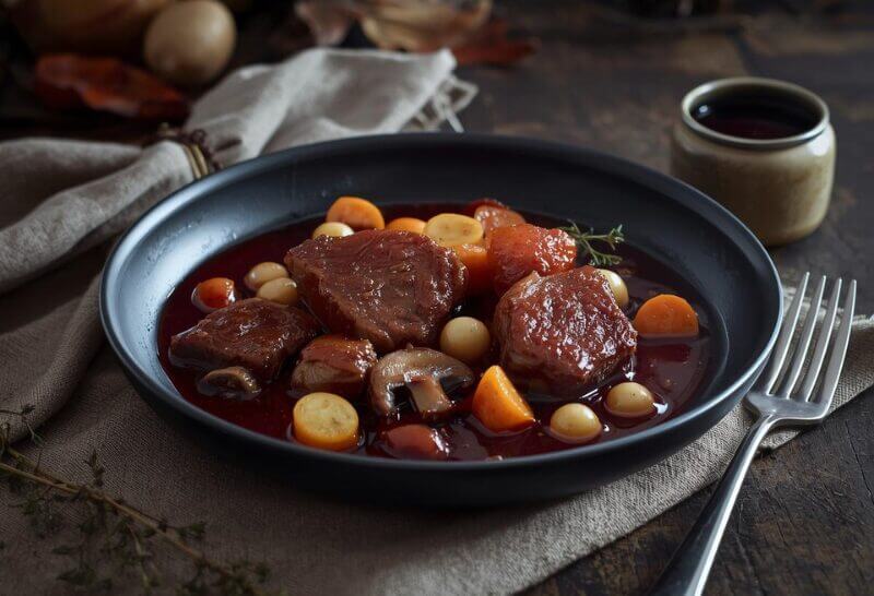 Photo d'un civet de cerf au poivre long de Java, servi dans une assiette creuse, fumant, avec une sauce riche et sombre.