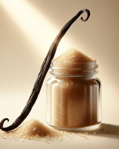 une belle gousse de vanille de madagascar posée contre un bocal rempli de sucre