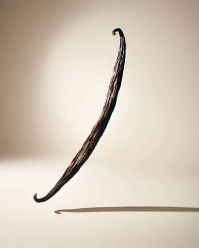 une gousse de vanille en lévitation sur un fond beige